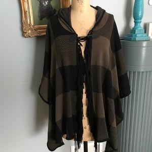 Brown/Black Plaid Hooded Cape with Fringe Trim